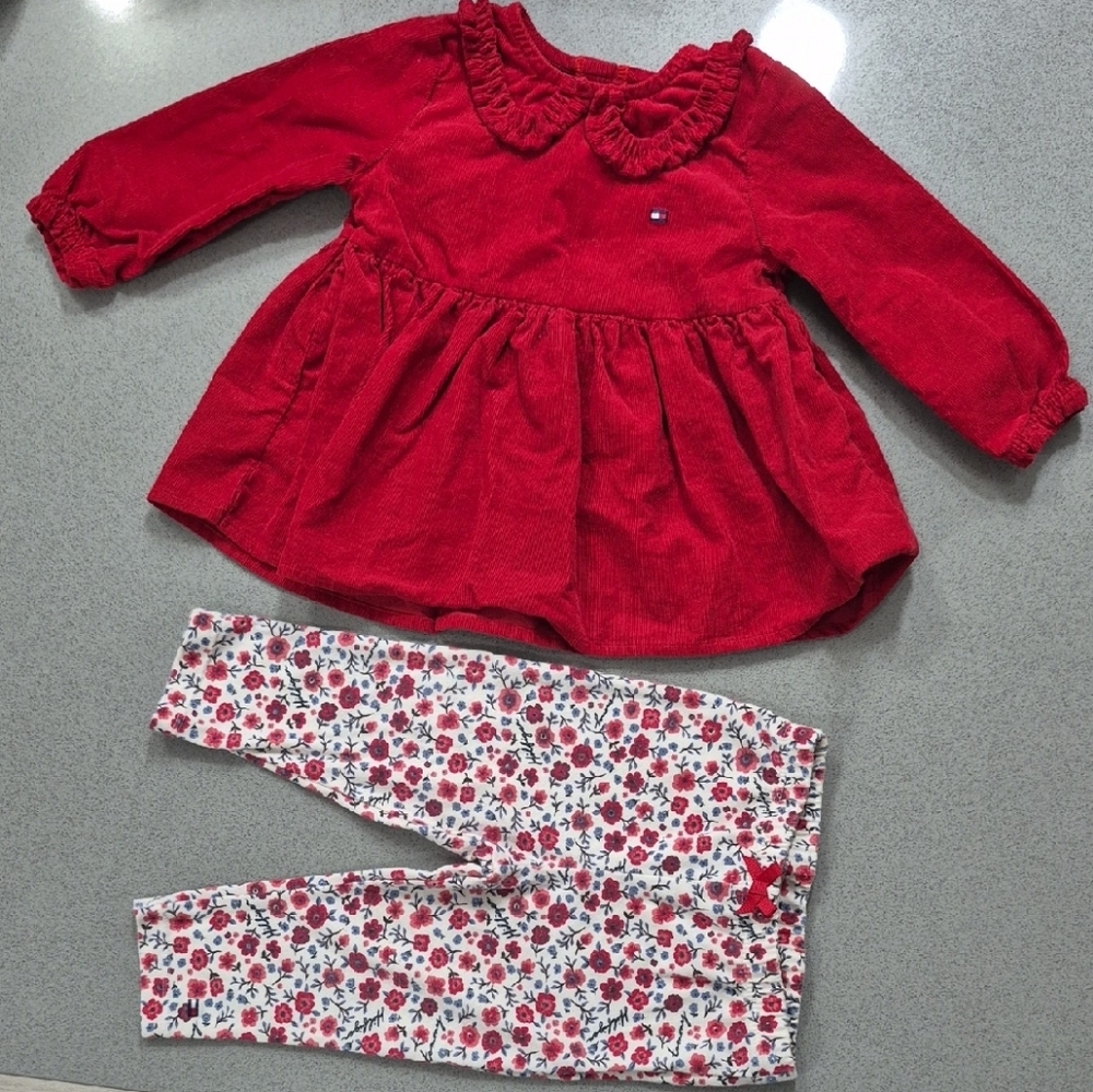 Tommy Hilfiger Red Dress with Floral Leggings 6-9M